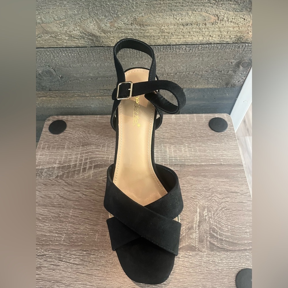 Shoedazzle Tina Crossover Sandals Black Raffia Block Heel Ankle Straps Size 9.5 - Picture 7 of 14
